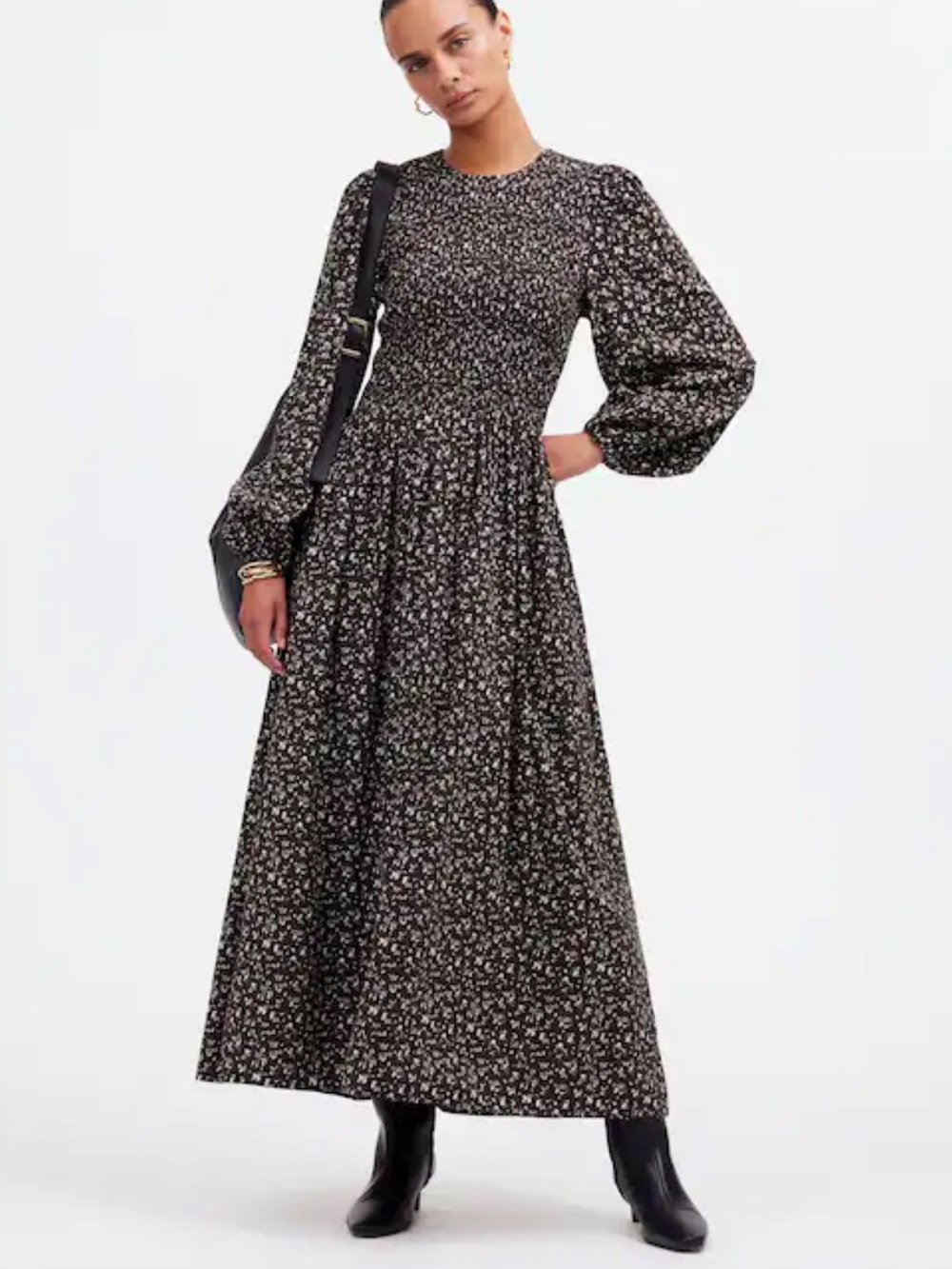 Madewell Brown Floral Melody Puff-Sleeve Smocked Midi Dress Size medium